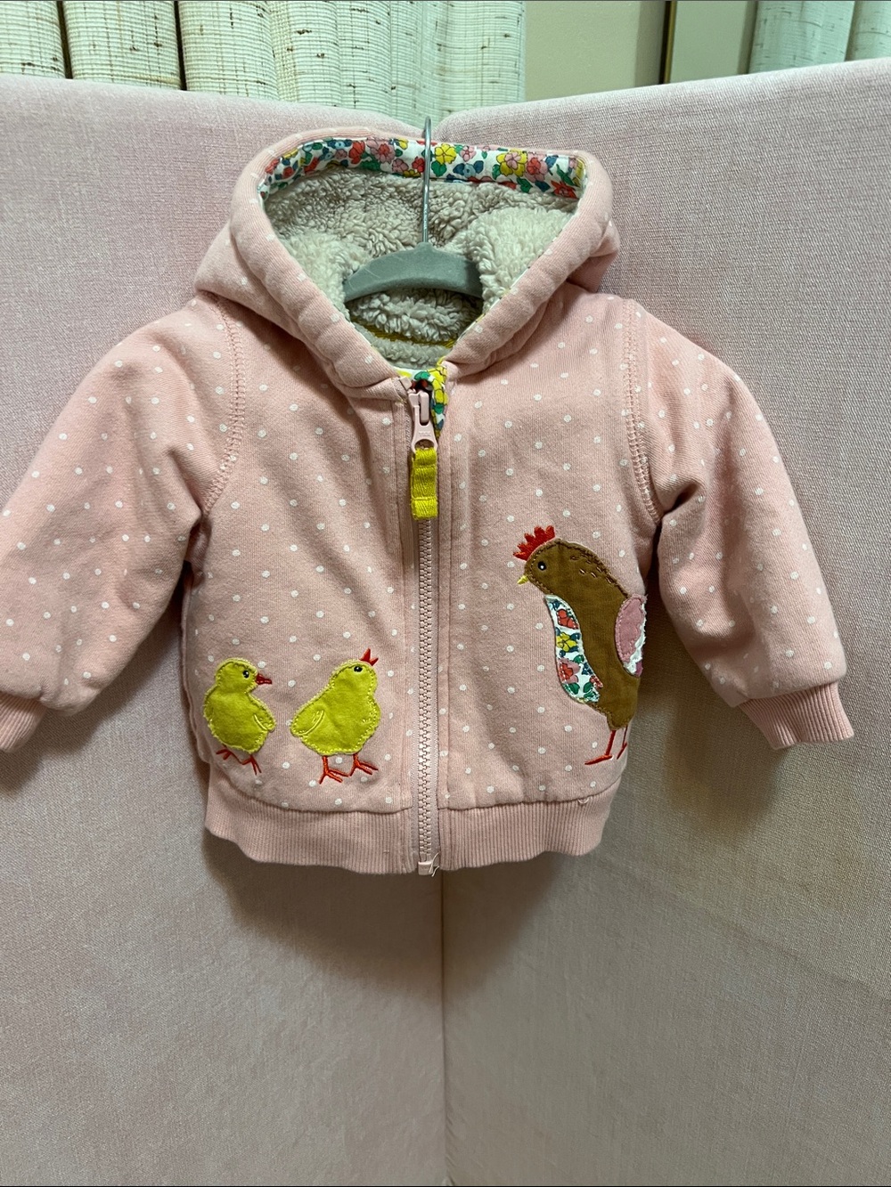 Mini Boden Chicken Shaggy-Lined Animal Hoodie Pink Zip Jacket 3-6M